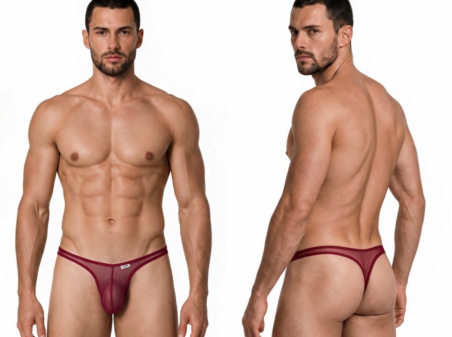CandyMan Men's Underwear 99954 Thongs Color Burgundy Mesh