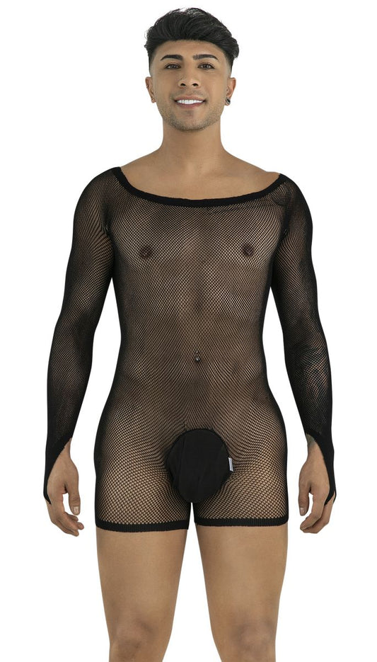 CandyMan 99955 Men's Underwear Patterned Fishnet Long Sleeve Bodysuit Color Black