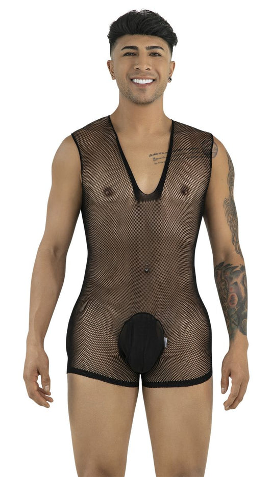 CandyMan 99956 Men's Underwear Sheer Textured Mesh Lace-Up Bodysuit Color Black