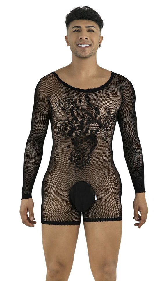 CandyMan 99959 Men's Underwear Bodysuit Alluring Sheer Long Sleeve Color Black