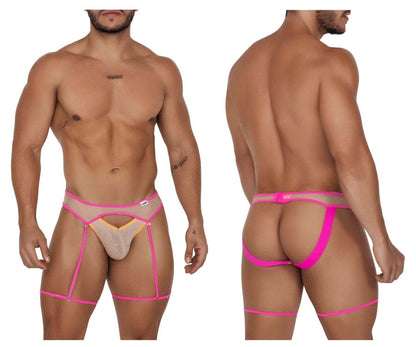 CandyMan Men's Underwear 99687 Garter Jock Two Piece Set Color Beige-Neon