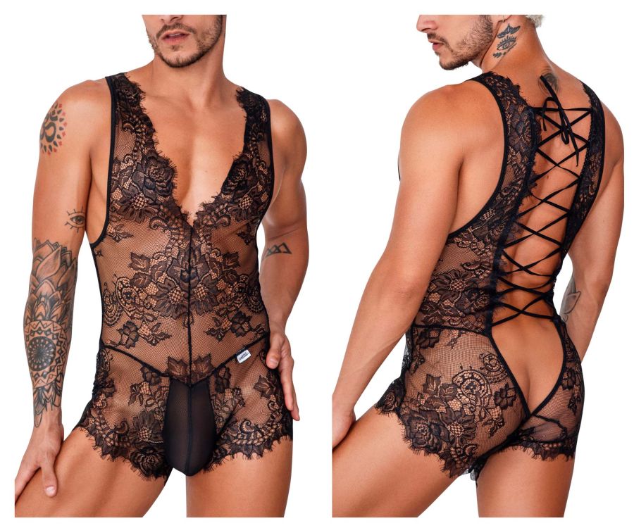 CandyMan Men's Underwear 99743 Lace Bodysuit Color Black
