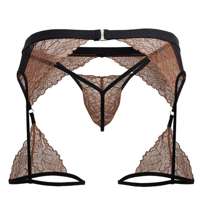 CandyMan Men's Underwear 99854 Lace-Garter Outfit Color Black-Terracotta