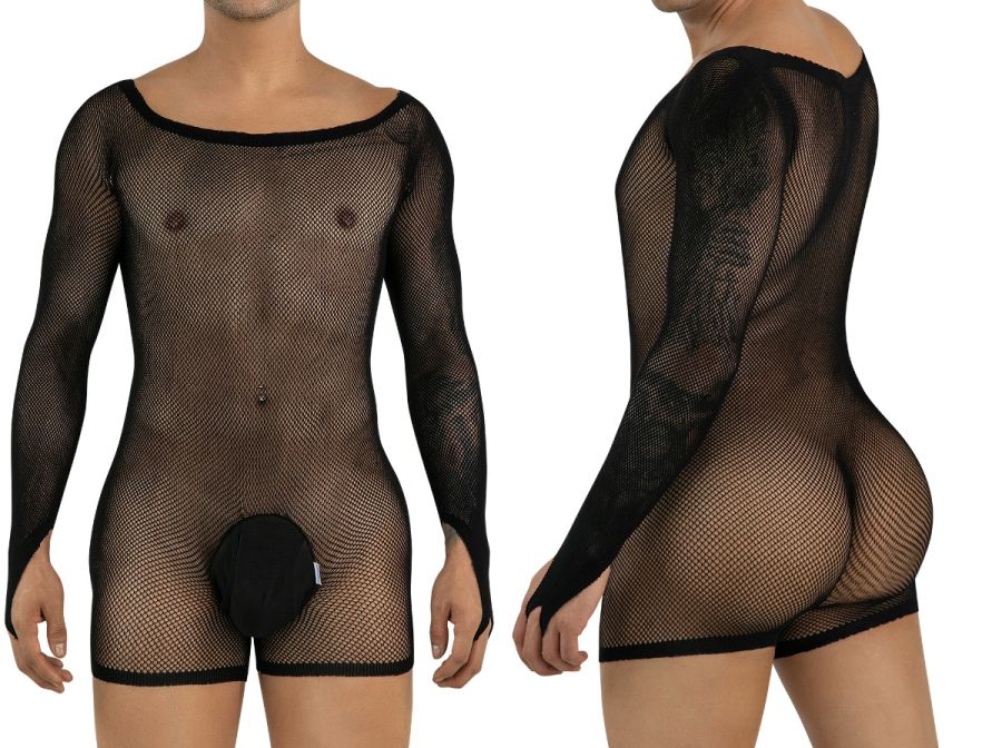 CandyMan 99955 Men's Underwear Patterned Fishnet Long Sleeve Bodysuit Color Black