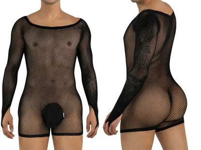 CandyMan 99955 Men's Underwear Patterned Fishnet Long Sleeve Bodysuit Color Black