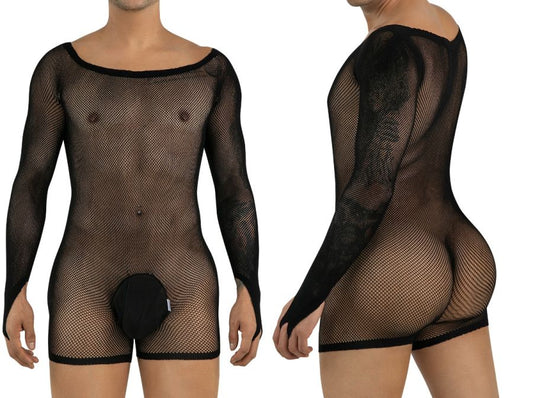 CandyMan 99955 Men's Underwear Patterned Fishnet Long Sleeve Bodysuit Color Black