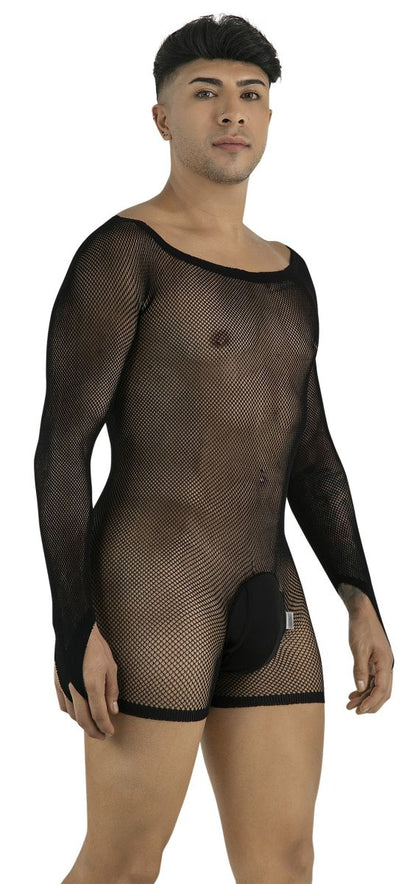 CandyMan 99955 Men's Underwear Patterned Fishnet Long Sleeve Bodysuit Color Black