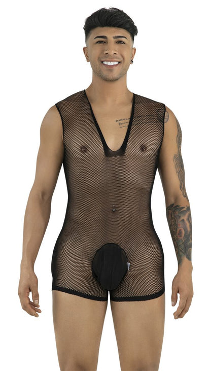 CandyMan 99956 Men's Underwear Sheer Textured Mesh Lace-Up Bodysuit Color Black