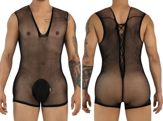CandyMan 99956 Men's Underwear Sheer Textured Mesh Lace-Up Bodysuit Color Black