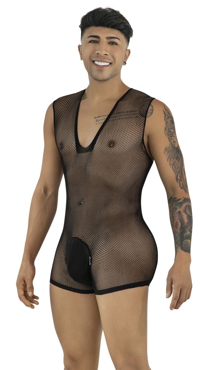 CandyMan 99956 Men's Underwear Sheer Textured Mesh Lace-Up Bodysuit Color Black