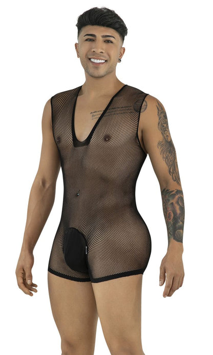 CandyMan 99956 Men's Underwear Sheer Textured Mesh Lace-Up Bodysuit Color Black