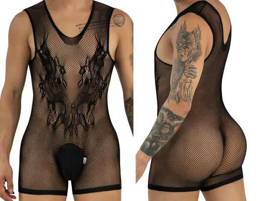 CandyMan 99958 Men's Underwear Sheer Patterned Bodysuit Color Black
