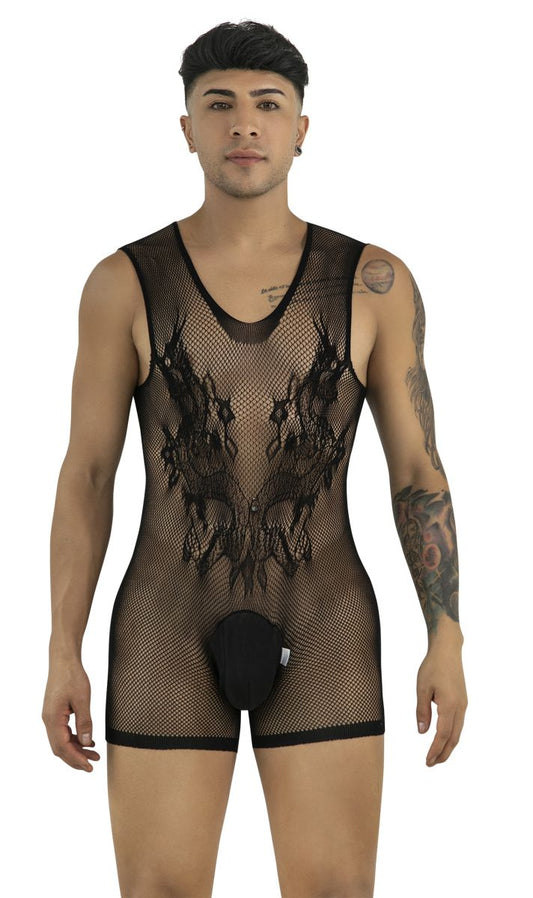 CandyMan 99958 Men's Underwear Sheer Patterned Bodysuit Color Black