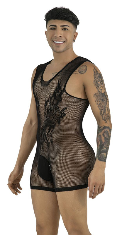 CandyMan 99958 Men's Underwear Sheer Patterned Bodysuit Color Black