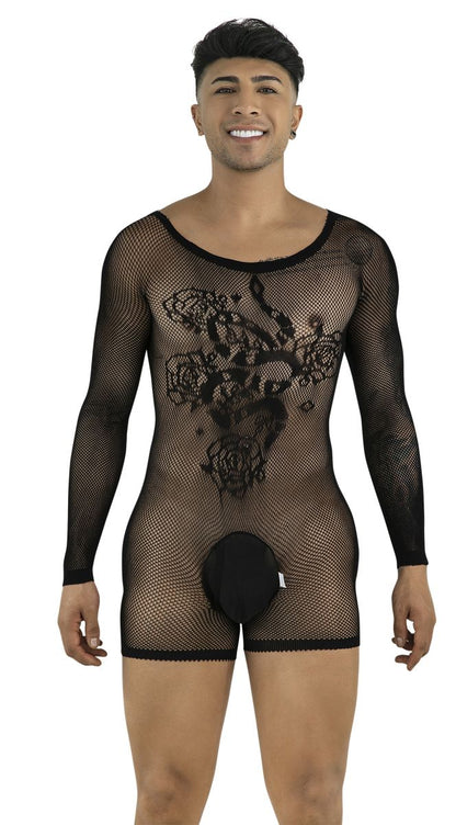CandyMan 99959 Men's Underwear Bodysuit Alluring Sheer Long Sleeve Color Black