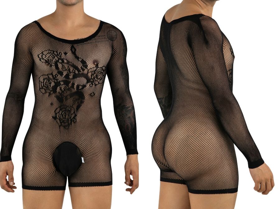 CandyMan 99959 Men's Underwear Bodysuit Alluring Sheer Long Sleeve Color Black