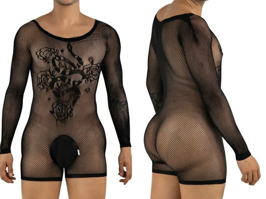 CandyMan 99959 Men's Underwear Bodysuit Alluring Sheer Long Sleeve Color Black