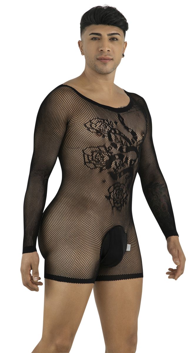 CandyMan 99959 Men's Underwear Bodysuit Alluring Sheer Long Sleeve Color Black