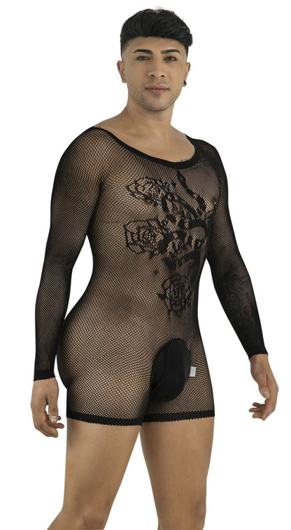 CandyMan 99959 Men's Underwear Bodysuit Alluring Sheer Long Sleeve Color Black