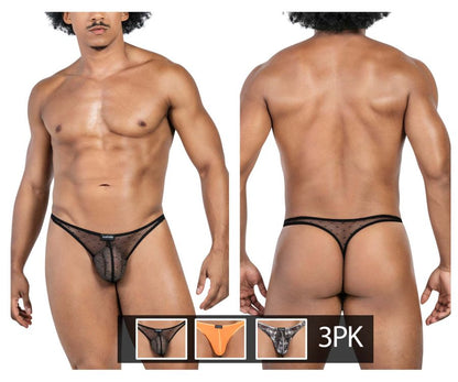 Clever Moda Men's Underwear 100008 3PK Autralian Latin Thongs Color Black-Orange-Black