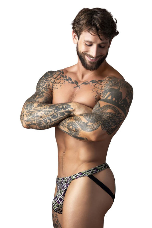 Male Power Men's Underwear 351-303 Gridlocked Strappy Ring Jock Color Printed