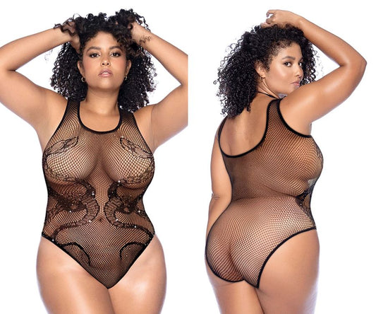 Mapale 1155X Snake Fishnet Rhinestone Bodysuit Color Black-Rhinestone